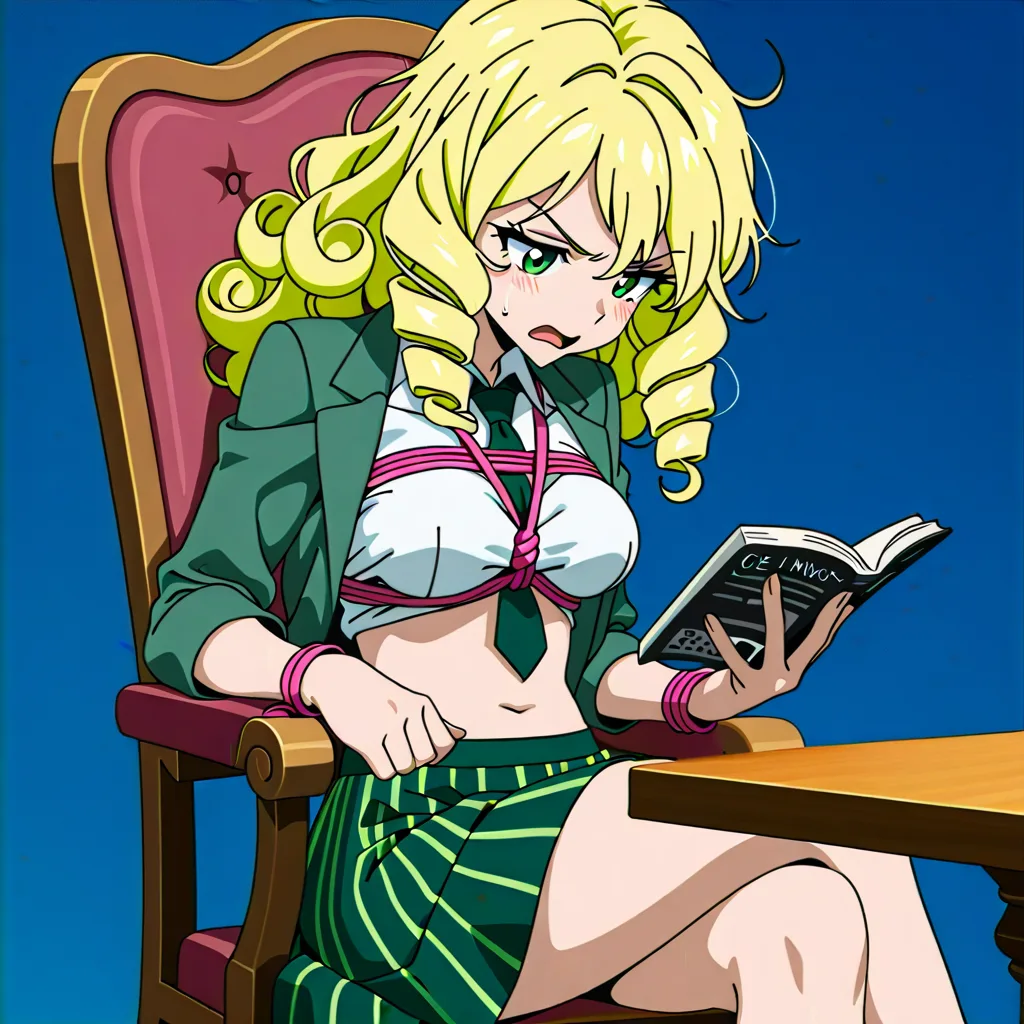 shibari, 1girl, blonde_hair, curly_hair, green_eyes, long_hair, crossed_legs, long_skirt, medium_breasts, white_shirt, chair, table, open_jacket, green_skirt, green_jacket, annoyed, reading, open_mouth, striped_clothes, necktie, blue_background,  pink_rope, striped_clothes, clothes_lift, stomach, arms_in_front, bound_wrists, looking_down, struggling, bracelet, (anime style:1.3), 2d, anime screencap, cel shading, flat color