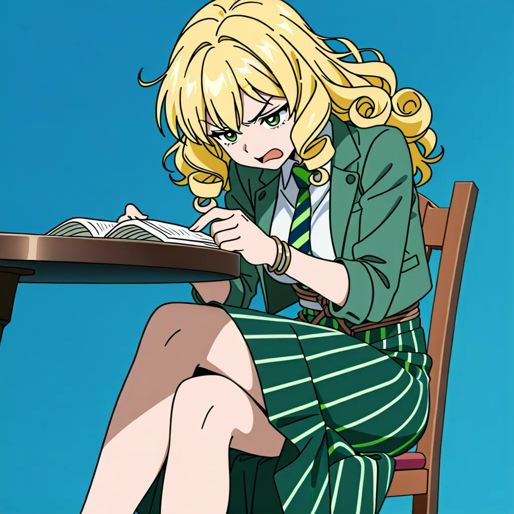 shibari, 1girl, blonde_hair, curly_hair, green_eyes, long_hair, crossed_legs, long_skirt, medium_breasts, white_shirt, chair, table, open_jacket, green_skirt, green_jacket, annoyed, reading, open_mouth, striped_clothes, necktie, blue_background,  brown_rope,  arms_in_front, bound_wrists, looking_down, struggling, bracelet, (anime style:1.3), 2d, anime screencap, cel shading, flat color