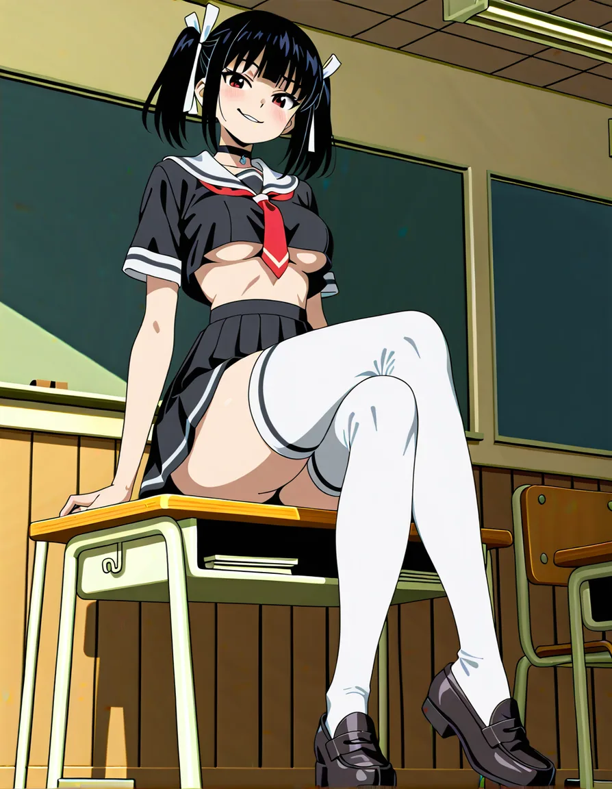 Adult anime woman, 18 years old, slim thin body, black bob haircut with small twin tails tied with white ribbons, solid black choker, small red necktie, black short-sleeved Japanese school shirt with white collar and white accents, shirt cropped so the underboob is slightly visible, small modest bust, short black pleated skirt with white trim, white thigh-high stockings, black loafers, very slim waist, thick thighs, large butt, sitting alone on a wooden school desk in a Japanese high school classroom, no other people, legs dangling, playful expression looking at viewer, full body, correct anatomy, high quality anime style, 4K, detailed, (anime style:1.3), 2d, anime screencap, cel shading, flat color