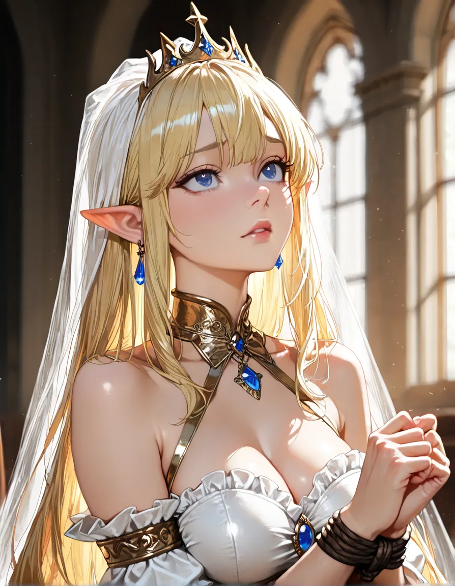 best quality, hyperrealistic, princess, pointy ears, frills, bondage, blurry background, lifelike render, hentai_studio_quality