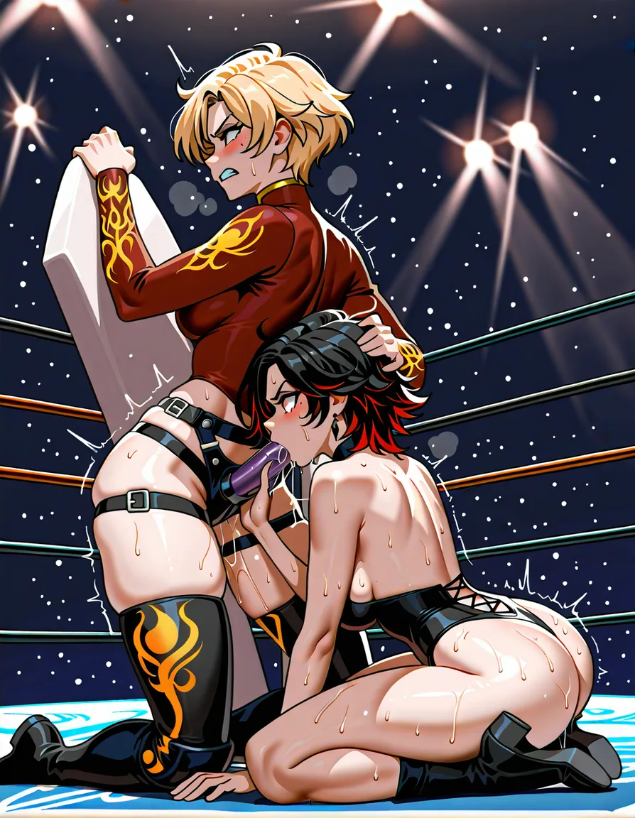 Best_quality highly_detailed, from_side ,  cinder_fall_(rwby)  , angry (@sailor_uranus-blonde_hair-short_hair) , 2girls yuri sex ,wrestling_ring wrestling defeated, pussy_juice orgasm , sweat strap-on oral fellatio kneeling head_grab, skindentation, hentai_studio_quality, hentai_studio_quality