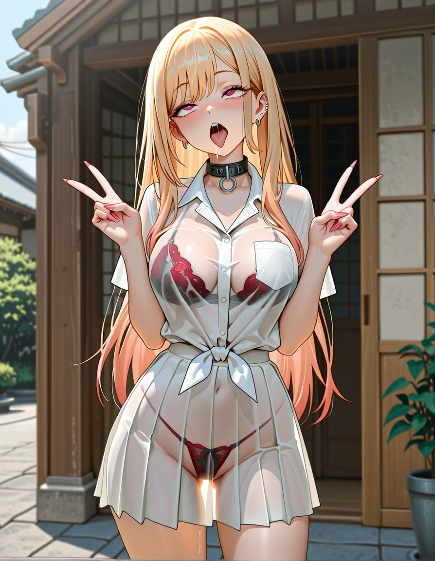 /best quality @kitagawa_marin #see-through_shirt #white_skirt
#no_panties #bondage #collar #ahegao #outdoors #lingerie #double_v, hentai_studio_quality