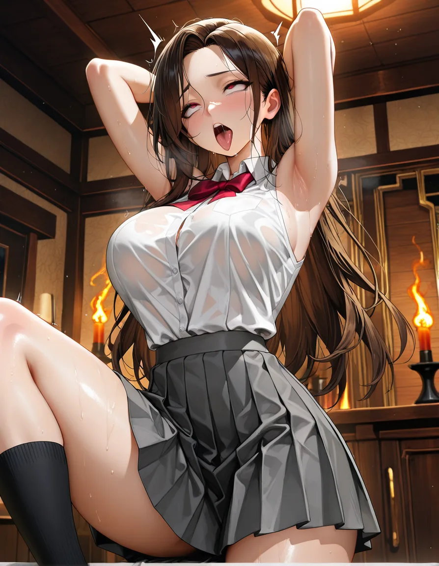 absurdres, highres, brunette woman, armpits, pleated skirt, ahegao, indoors, smoldering look, visual novel art, hentai_studio_quality