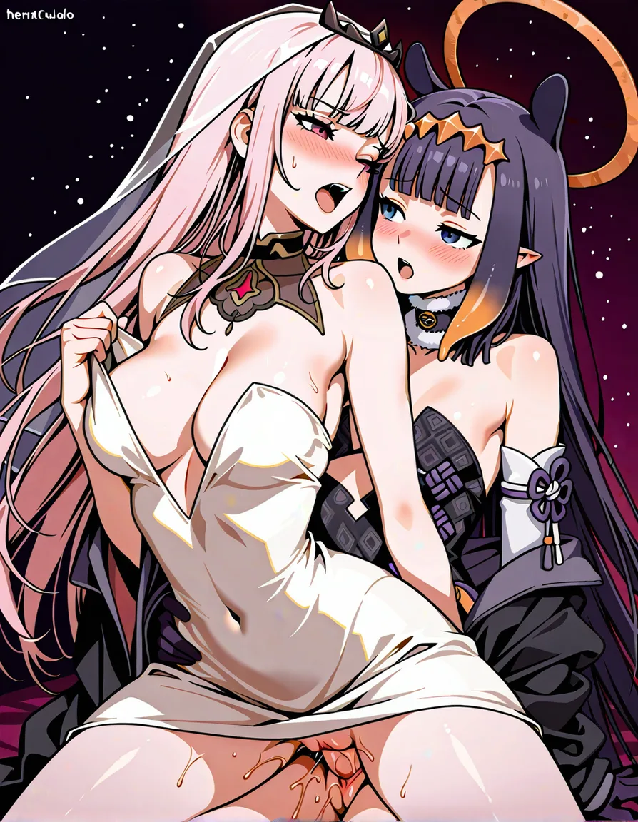 accurate_artstyle , 2 girls yuri sex , futa_with_female , top futa dominant alpha @mori_calliope , blush , vaginal , pussy_juice , bottom omega submissive @ninomae_ina'nis , moaning , revealing_dress , undressing , dark bar , bent_over , hentai_studio_quality, hentai_studio_quality, hentai_studio_quality, hentai_studio_quality