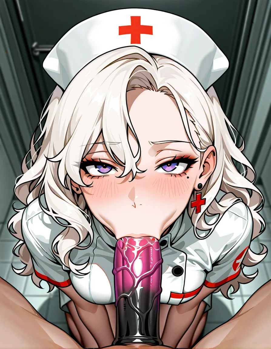 nurse uniform, fitting uniform, on knees, looking_up, fellatio, deep throating a dildo, eyes wide open, solo female, solo dildo, blush, seductive eyes, earrings, dick coming from viewers point of view, mole_under_eye, white hair, wavy_hair, hentai_studio_quality