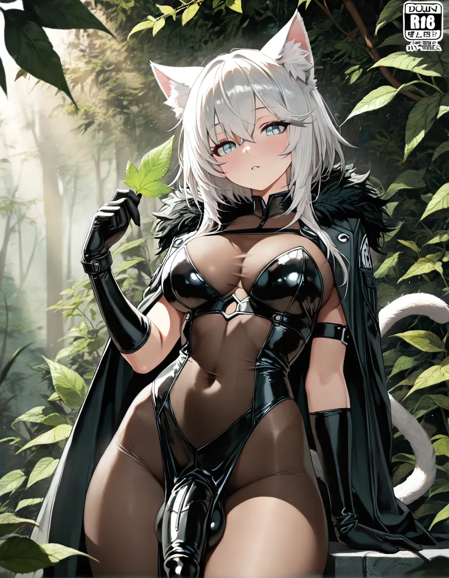 highly detailed, sharp, catgirl, covered navel, black gloves, futanari, leaf, dreamy atmosphere, doujin style, hentai_studio_quality