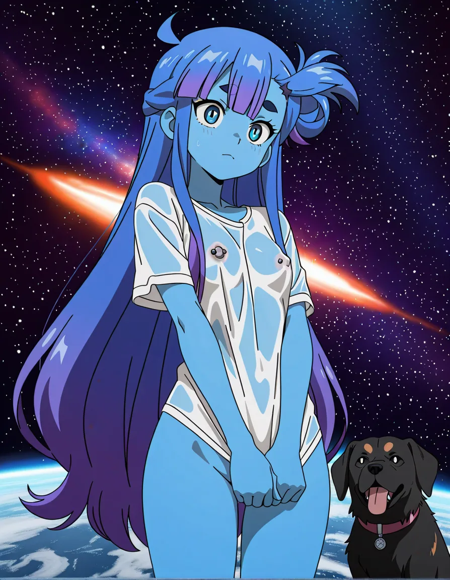 blue skinned asari, space, spaceship, see-through_shirt, bottomless, dog, covering_crotch, nipple_piercing, nipple_slip, (anime style:1.3), 2d, anime screencap, cel shading, flat color