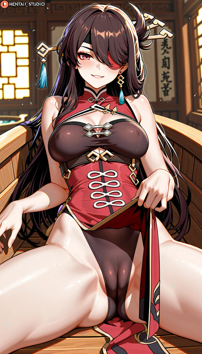 Masterpiece, 1girl, Beidou character from genshin impact , look at viewer, Medium
breasts, outfit, pull cheongsam away to show cameltoe, Brave Smile, enjoying, Cameltoe, lightweight body, boat background .,,, value:0.1 for: hentai_studio_quality.,,, hentai_studio_quality