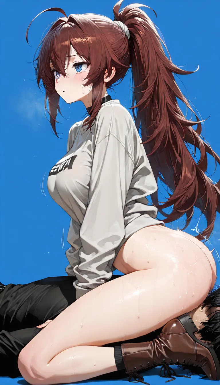 best quality, polished, 1girl, 69 position, brown footwear, blue background, eroge aesthetic, hentai_studio_quality
