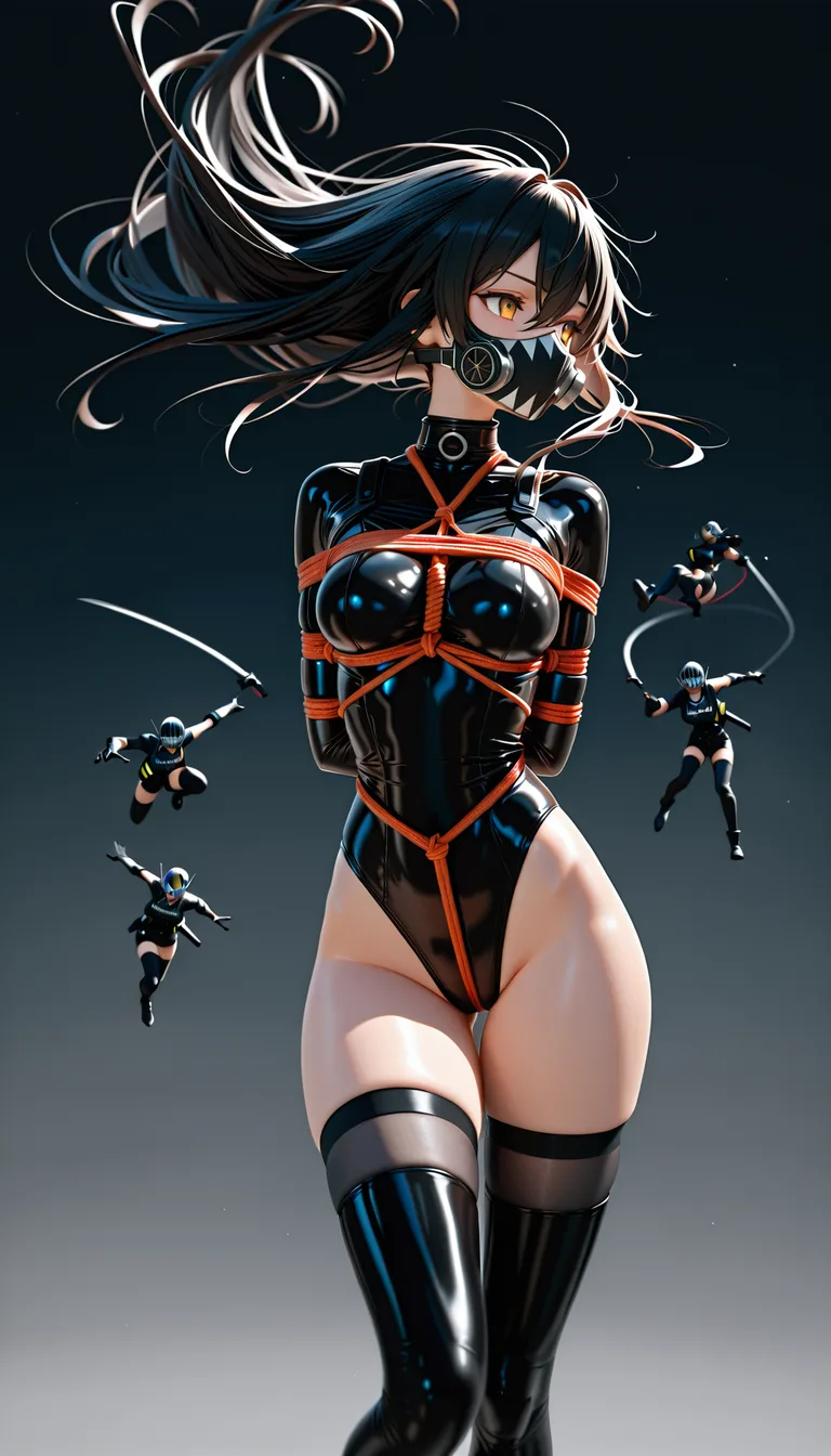 masterpiece, clean art, 4girls, bondage, black thighhighs, floating hair, gradient background, eroge aesthetic, score_9, score_8, 3d render, octane render, subsurface scattering, ray tracing, smooth shading