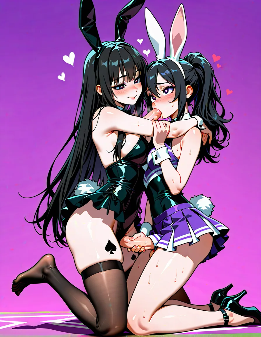 masterpiece, vivid, clean art, 2girls, futa_with_female ,
long_hair, eager , encouraging, playboy_bunny , goth, black_hair , perfect feet , thighhighs, rabbit_ears , rabbit_tail, makeup , thighs , perfect_face, perfect_anataomy, perfect_proportions, spade tattoo on thigh, skirt, cheerleader , blush, light_smile , heart-shaped_pupils , heart-shaped_pupils , kneeling , looking_up, , yuri, femdom, penis , fellatio , hentai_studio_quality, hentai_studio_quality, hentai_studio_quality