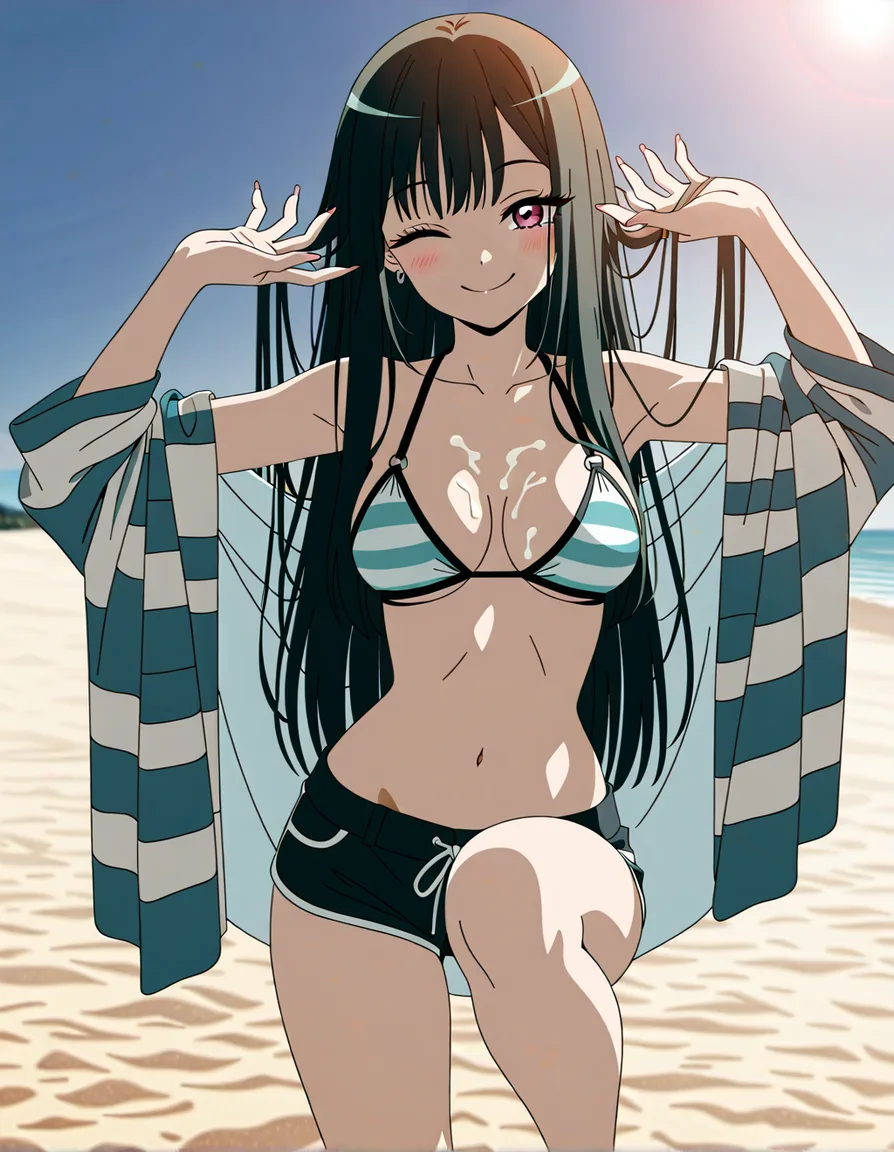 @kitagawa_marin standing in a relaxed, confident pose, smiling and winking at the viewer. She holds a lightweight striped beach cover-up open with both hands, arms slightly raised; her weight rests on one leg while the other knee bends subtly. Long straight hair frames her face, with a sunny, cheerful beachwear-ad aesthetic. She wears a tasteful, fully covering swimsuit and casual shorts, against a soft, pale background with warm, bright lighting, nude, cum_on_breasts, (anime style:1.3), 2d, anime screencap, cel shading, flat color, @00osamio00