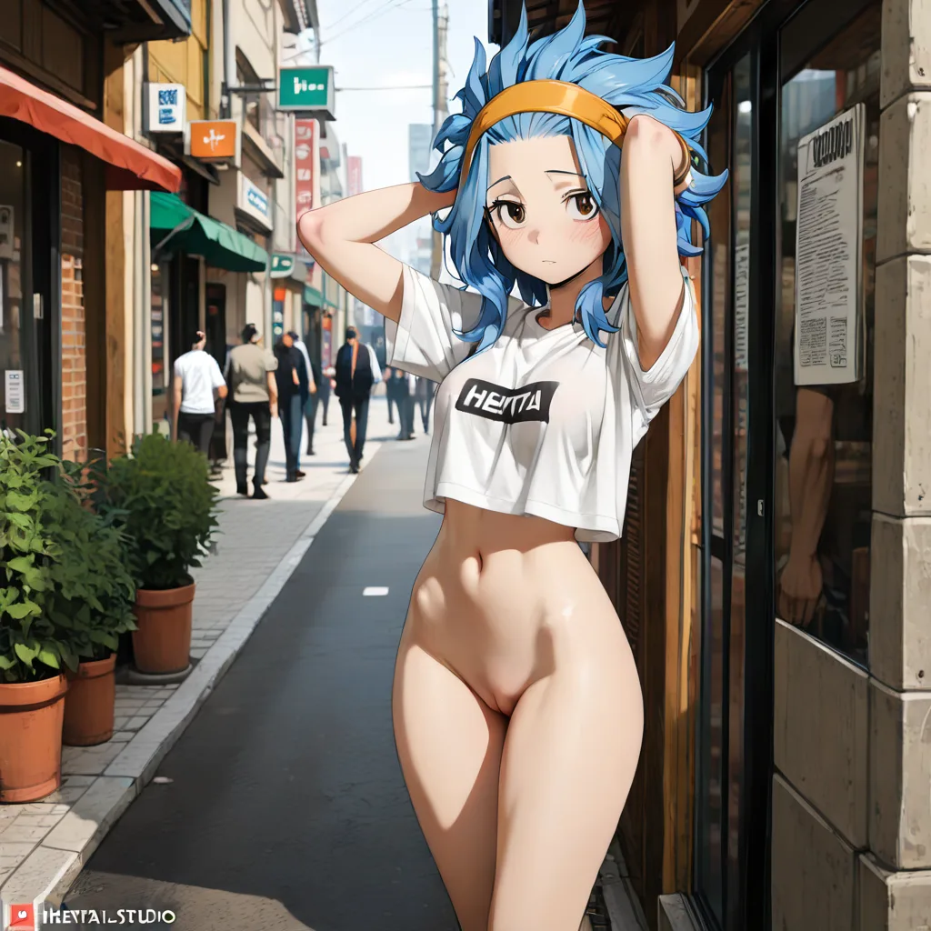 levy mcgarden, exhibitionism, public_indecency, shame, bottomless, shirt, hentai_studio_quality, hentai_studio_quality