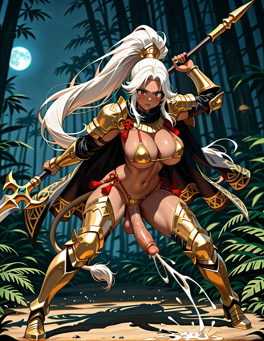 futnari ,big penis ,cumshot ,masutbation , Masterpiece, detailed anime illustration, 1girl, voluptuous, dark skin, red eyes, white hair, silver hair, long hair, huge high ponytail, lion tail. Wearing gold metallic micro bikini, detailed gold and white armor on shoulders and legs, intricate armor plates, red tassels, shimenawa rope accents. Holding a large fantasy polearm, combat pose, action stance, dynamic pose. Dark dense jungle background, moon light filtering through trees, shadows, cinematic lighting, epic fantasy art style., hentai_studio_quality, hentai_studio_quality