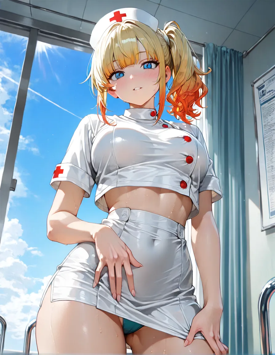 highres, vivid, nurse, presenting, midriff, side ponytail, blue sky, manga panel look, hentai_studio_quality