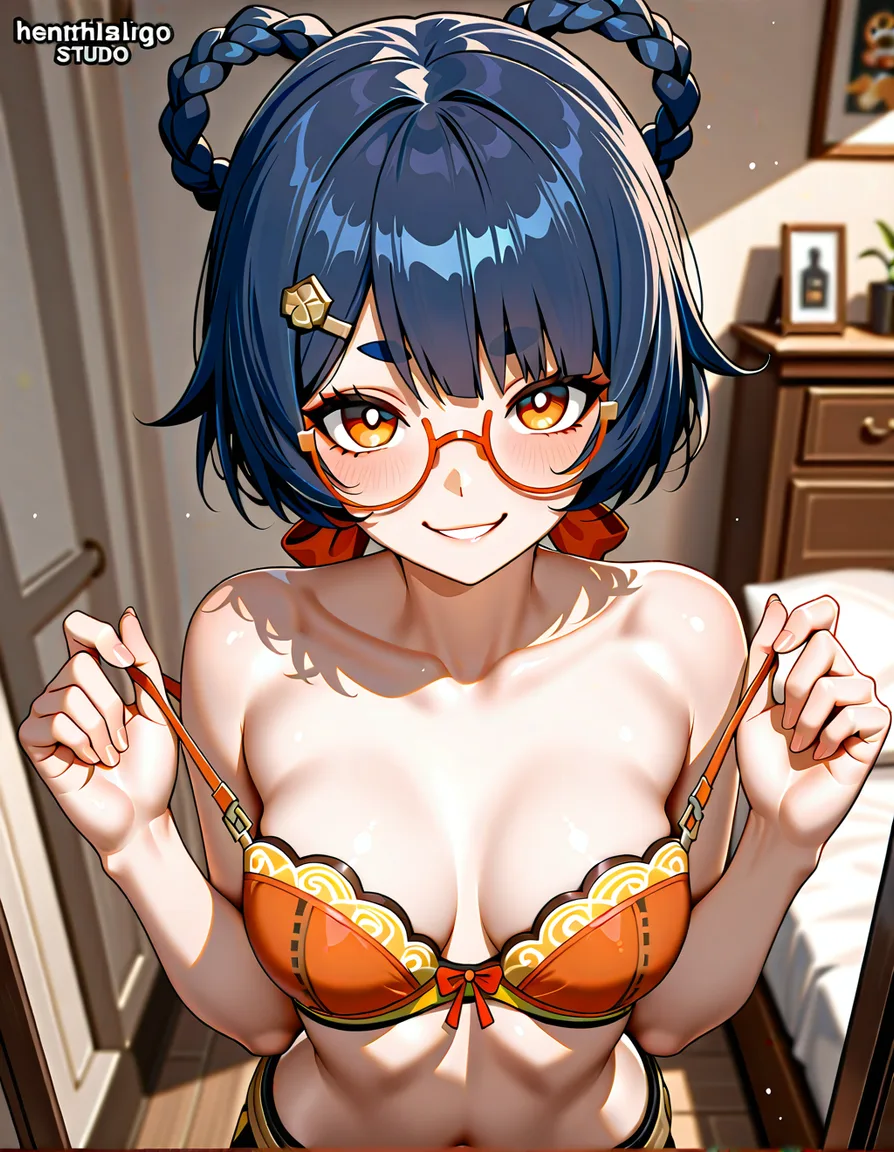 @xiangling_(genshin_impact), glasses, standing in bedroom, /hentai_studio_quality, small_breasts, naughty_face, no bra, red_eyes, hentai_studio_quality, no shirt, viewing bra, focus on bra, looking_at_viewer, straight-on, close-up on boobs, hentai_studio_quality, hentai_studio_quality