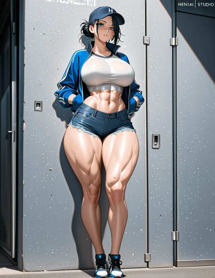1girl mature_female female muscular_female crop_top denim_shorts sneakers curvy large_pectorals large_breasts wide_hips thick_thighs short_hair black_hair blue_eyes baseball_cap track_jacket, hentai_studio_quality
