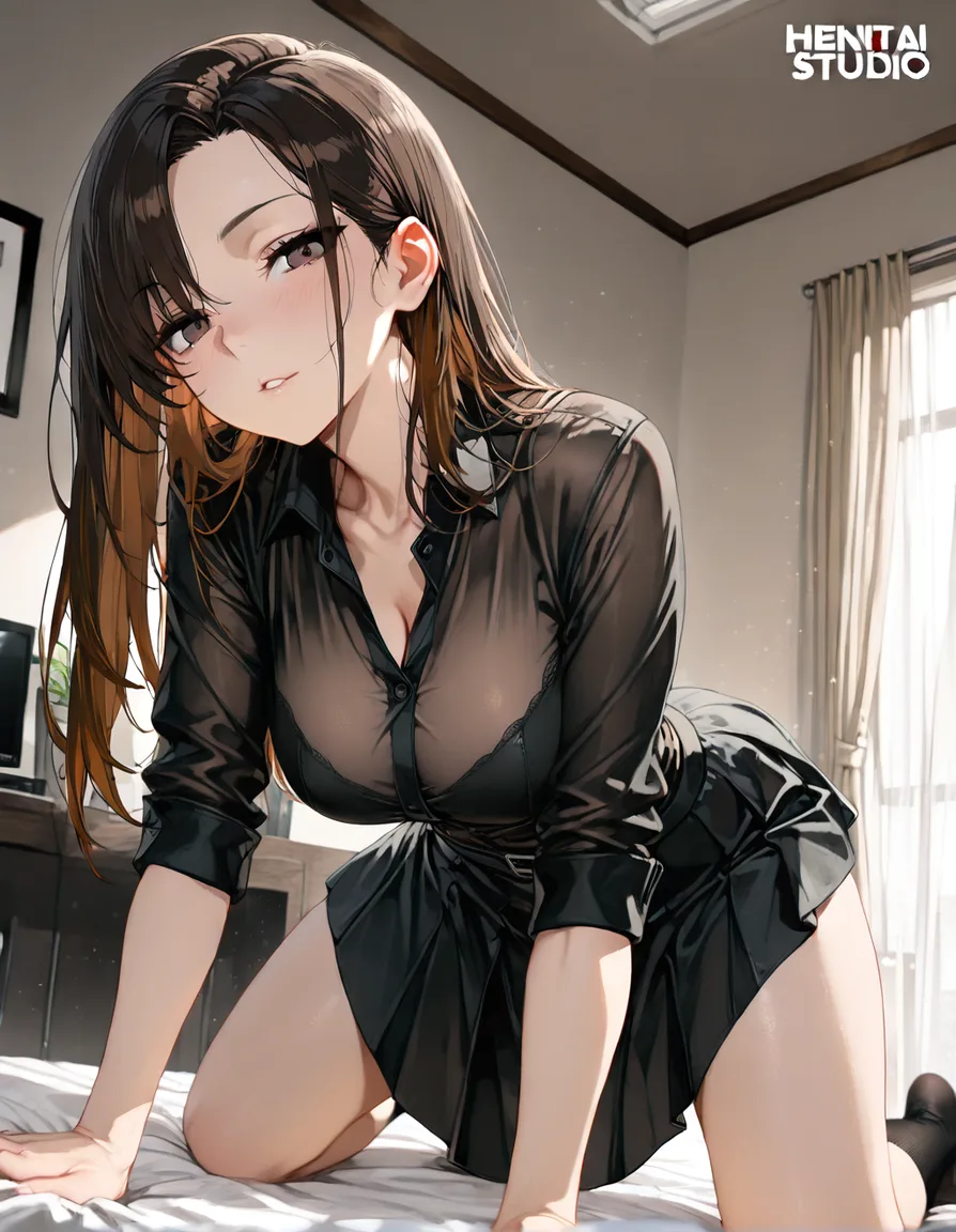 masterpiece, best quality, brunette woman, black skirt, on all fours, visual novel art brainfuck, femdom, hentai_studio_quality