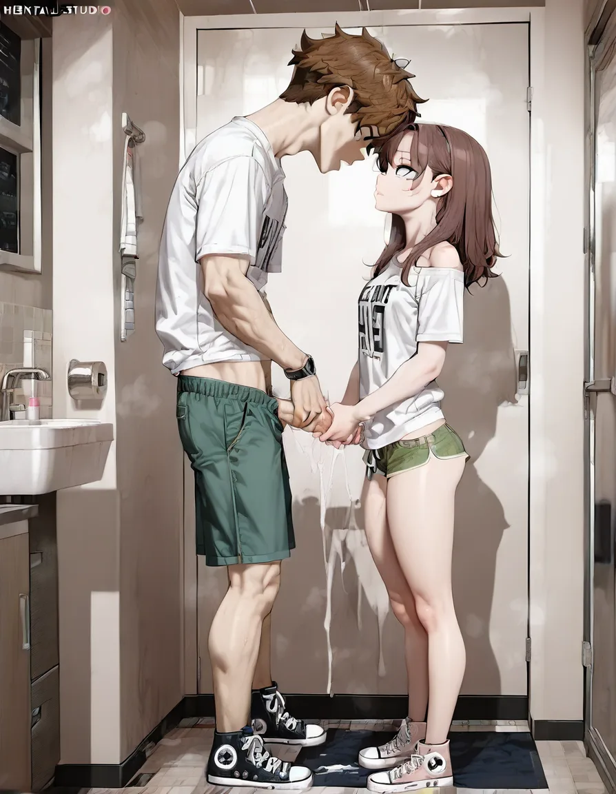 masterpiece, best quality, 1boy, 1girl, brown_hair, medium_hair, petite, white_shirt, oversized t-shirt, green_shorts, micro_shorts, converse, standing, handjob, facing_another, BREAK bathroom, hentai_studio_quality