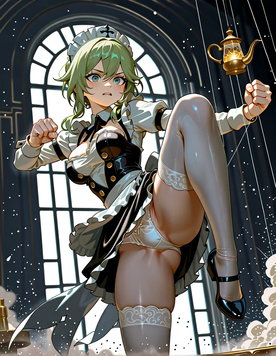 Danica (Genshin Impact) frozen mid-action in a restaurant setting, her right leg kicked high in a martial arts pose, skirt flared up revealing white thigh-highs and pristine white cotton panties pulled tight against her mound. Her face is twisted in a grimace, green hair flying, blue-green eyes wide and frozen. Aether stands before her in a dynamic pose, fist extended from the punch, a dark purple/black time-stop aura surrounding him (Za Warudo aesthetic). The world around them is desaturated to grayscale—frozen oil lamps, suspended dust motes, a Mora coin hanging in the air. Dramatic lighting from side windows, high detail on fabric textures of her maid uniform, black bodice, white apron strings frozen mid-sway. Expression of shock on Danica's usually expressionless face., hentai_studio_quality