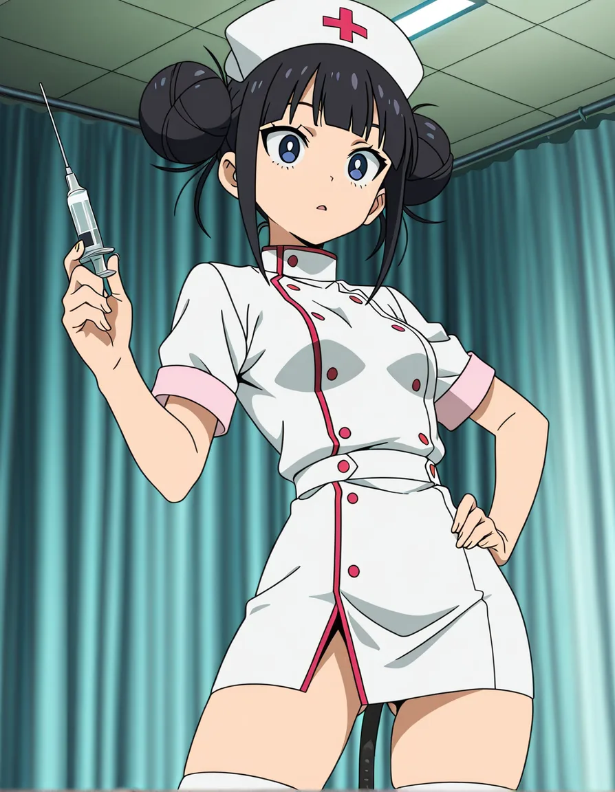 ultra detailed, nurse, holding, anal sex, hand on own hip, double bun, hentai style, (anime style:1.3), 2d, anime screencap, cel shading, flat color, @00osamio00