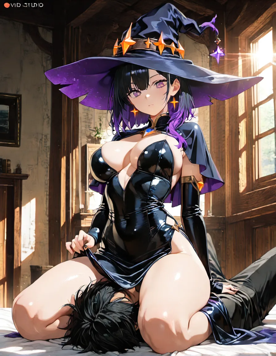 highres, vivid, witch, breasts, dress, facesitting, sunlight, vivid anime colors, hentai_studio_quality