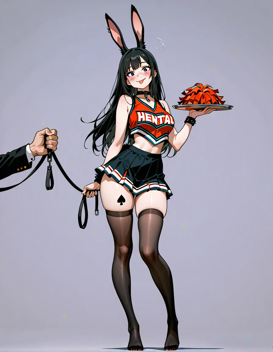 masterpiece, clean art, solo_focus , 1girl, long_hair, eager , encouraging, goth, black_hair , hand_up , perfect feet , thighhighs, rabbit_ears , rabbit_tail, makeup , thighs , perfect anataomy, perfect proportions, spade tattoo on thigh, happy, cheerleader, standing, light_smile, blush, tongue_out, leash , full_body , holding_tray,, hentai_studio_quality