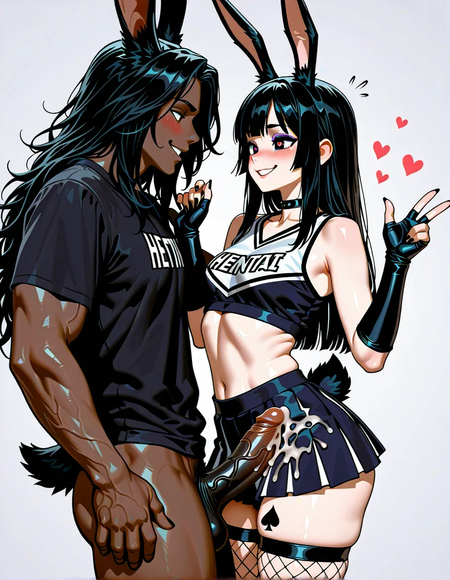 masterpiece, clean art, 1boy , 1femboy , long_hair, eager , goth, black_hair , hand_up , fishnets , rabbit_ears , rabbit_tail, makeup , thighs , perfect anataomy, perfect proportions, perfect spade tattoo on thigh, heart-shaped_pupils , cheerleader , blush , penis, BBC , interacial, standing_sex , smile, eye_contact , cum_on_clothes , skirt , hentai_studio_quality,, hentai_studio_quality
