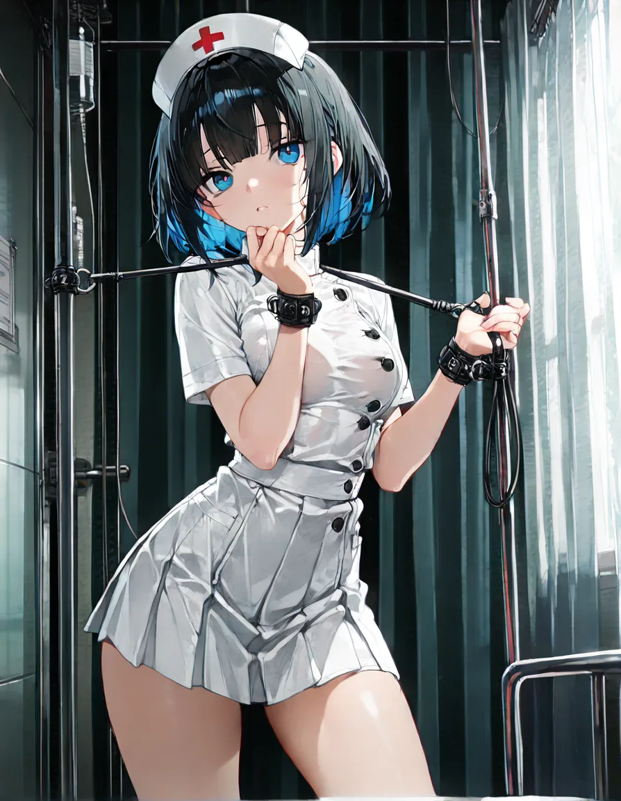 ultra detailed, nurse, pleated skirt, bondage, over the shoulder, anime style, hentai_studio_quality