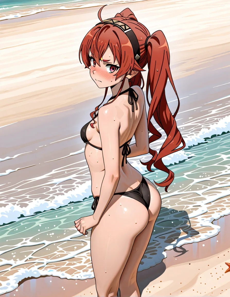 small_breasts twintails red_hair, emerald eyes, Eris Boreas Greyrat, mushoku tensei, hentai_studio_quality, beach, full_body, small butts, embarrassed, hentai_studio_quality