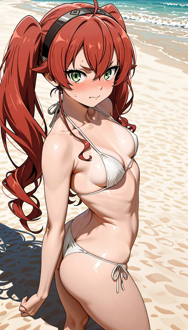 small_breasts twintails red_hair, emerald eyes, Eris Boreas Greyrat, mushoku tensei, hentai_studio_quality, beach, full_body, small butts, embarrassed, hentai_studio_quality ,facing_viewer, hentai_studio_quality
