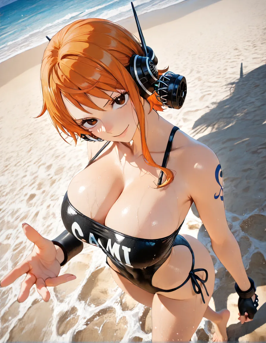 One piece nami on beach, score_9, score_8, 3d render, octane render, subsurface scattering, ray tracing, smooth shading