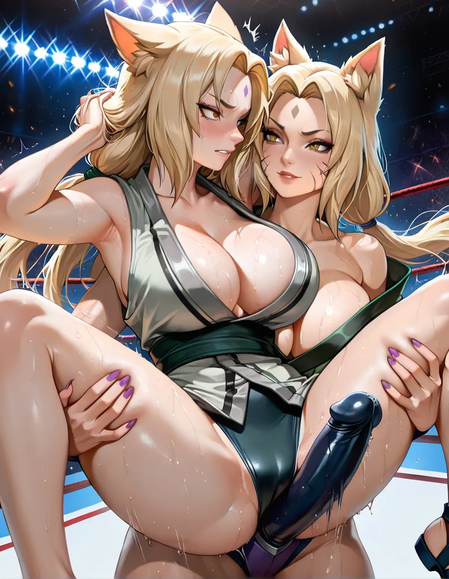 @tsunade_(naruto) ((@ahri_(league_of_legends) )), wrestling, yuri, strapon, reverse_suspended_congress_position, hentai_studio_quality