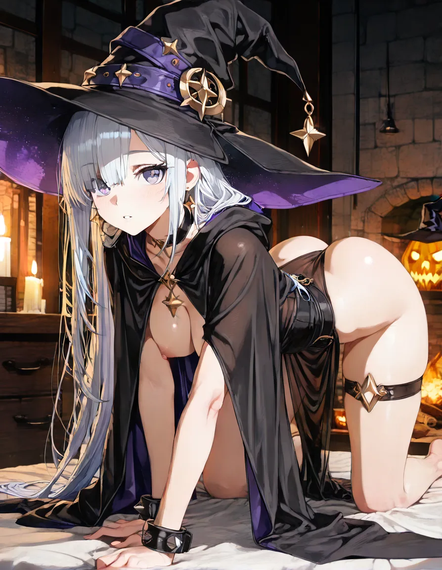masterpiece, fine detail, witch, official alternate costume, on all fours, dreamy atmosphere, explicit anime render, hentai_studio_quality