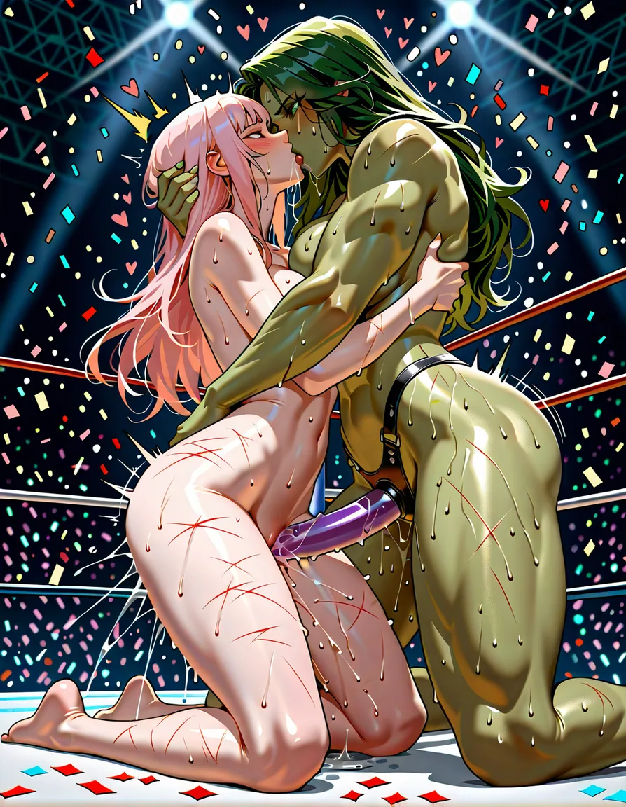 2girls , Best_quality, ultra_detailed, from_side , she-hulk , @mori_calliope-pink-hair,   yuri sex ,wrestling_ring wrestling defeated, pussy_juice squirting orgasm , sweat, kneeling head_grab , strap-on sex_toy oral fellation, confetti nude,,, scratches,,,, hentai_studio_quality, hentai_studio_quality, hentai_studio_quality