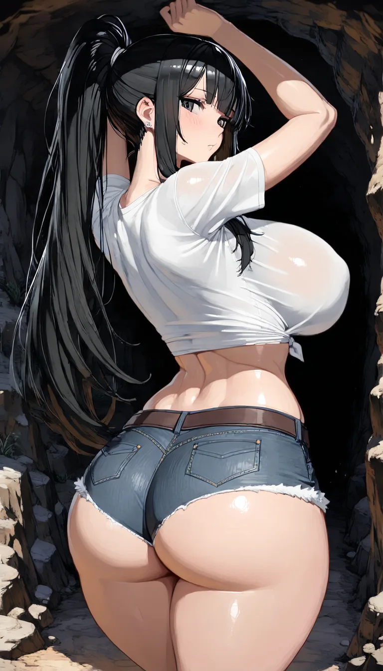 Anime girl with long black hair in a high ponytail, massive breasts straining against a white crop top, thick thighs and fat ass barely covered by tiny denim shorts with white fur trim Standing in a cave entrance, broun walls rock like texture, looking back over shoulder while entering