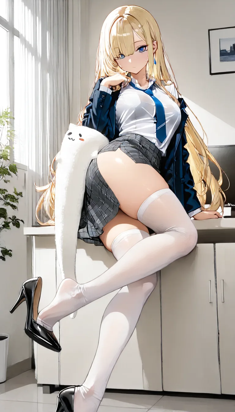 sexy white girl with blonde hair and blue eyes wearing a skirt, stockings, high heels, a shirt, a tie and a blazer. make black slimy snakes eat her clothes off her