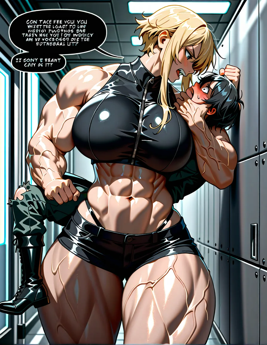 PROMPT
Giant muscular_female, petite mature_male , extreme size_difference, huge height_difference, female torn_clothes crop_top underwear, female veins, female blonde_hair short_hair_with_long_locks , thin male military_uniform , military lab , science_fiction , femdom, throat grab lift, female carrying male high, aggressive female, pinned male against_wall, confident female, angry female looking_down , female talking, nervous blush male looking_up , breast_press, male black medium_hair, female abs, female big biceps, female big shoulders, female thick_thighs, female huge_ass, female wide_hips, huge_breasts, male narrow_waist, male stubble, domination, eye_contact, female crushing male, aged_up, /masterpiece, hentai_studio_quality
