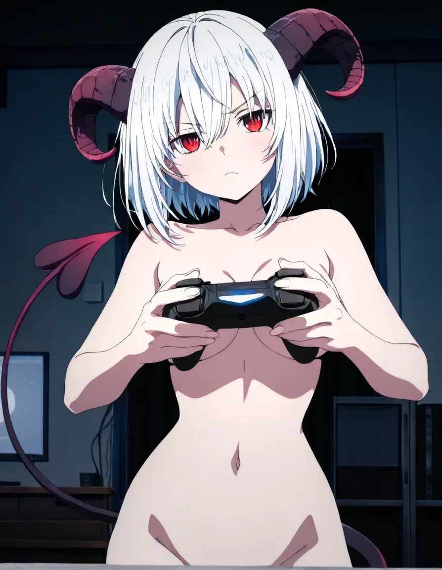 high_school, cowboy_shot , demon_girl, naked, controller, (anime style:1.3), 2d, anime screencap, cel shading, flat color