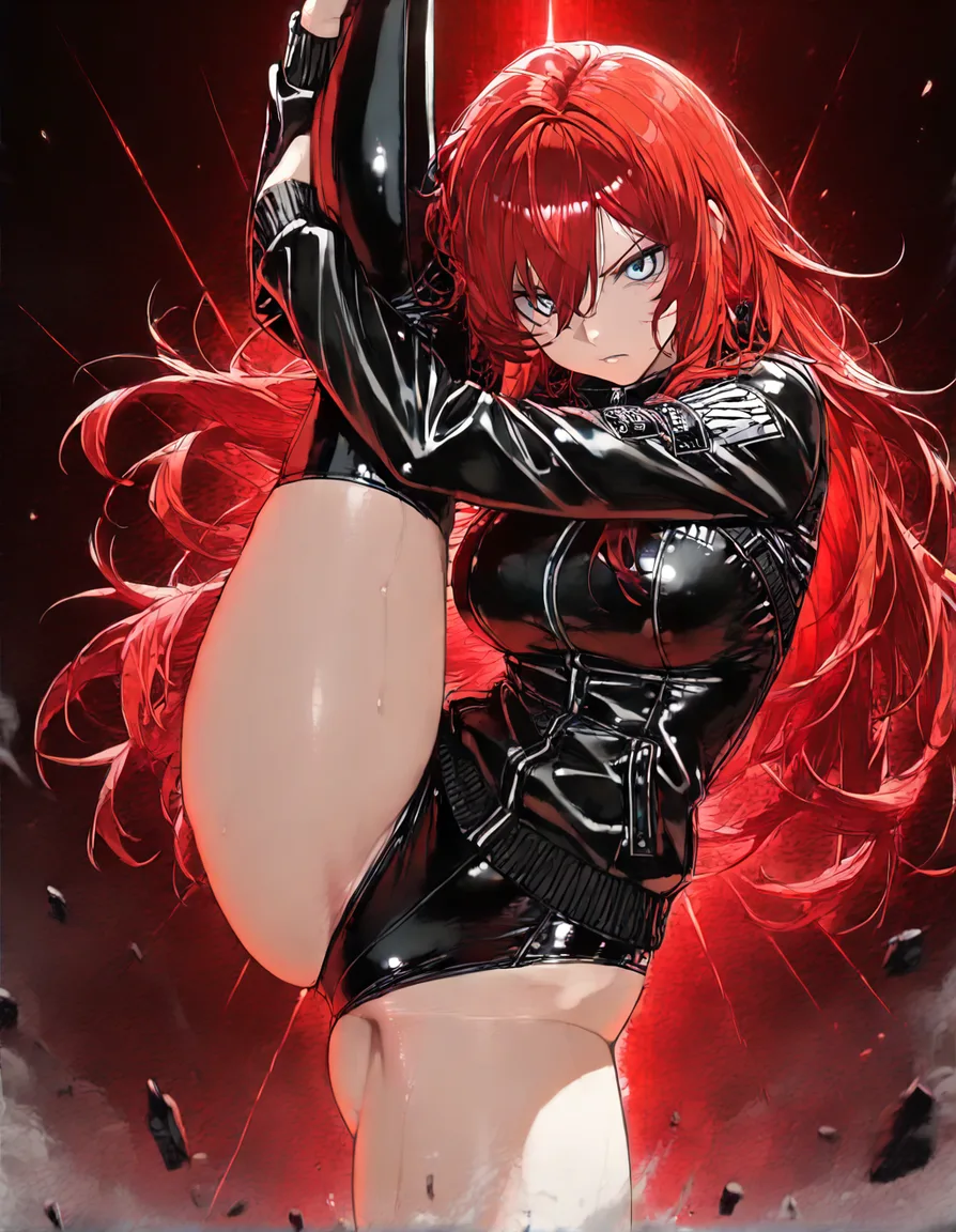 ultra detailed shading, redhead woman, jacket, leg up, intense passion, anime style, hentai_studio_quality