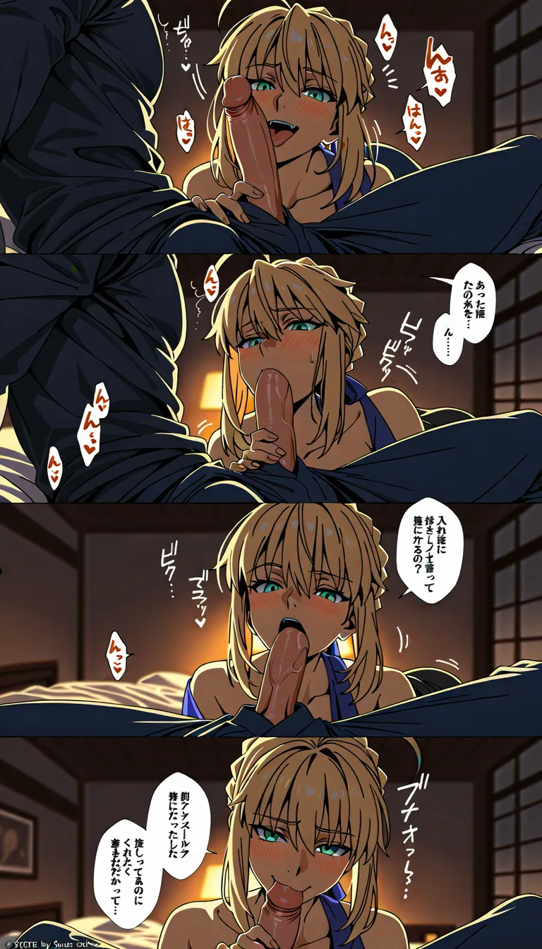 (masterpiece, best quality, ultra-detailed, 8k resolution, full color, rich colors), 1 male, smirking, sitting on the edge of a bed with his feet on the floor, legs spread; 1 female, looking embarrassed with flushed cheeks, kneeling before the male, performing fellatio (taking his penis into her mouth); panel layout, 3 panels, Fate/stay night, official art style, 1 woman (Saber/Artoria Pendragon), 1 man (Lancer/Cú Chulainn), detailed character appearances, cel-shading, sharp focus, sound effects, speech bubbles, Japanese text, motion lines, speed lines, set in a man's bedroom on a bed, natural lighting, deep shadows, hentai_studio_quality
