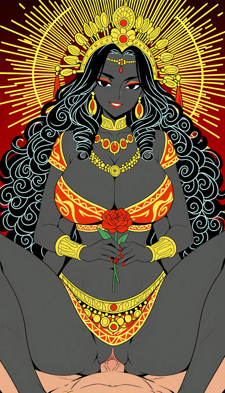 Nsfw, Maa Durga with multiple arms, thick curly long black hair, Beautiful, ethnicity Hindu, Bengali, red lipstick, Accurate Anatomy, symmetrical body structure, Big chest, Thick thighs and arms, thick pelvis, blouse with intricate patterns and saree, Rajasthani attire, Adorned Heavily in Indian Ornaments, black eyes, POV Sex, spreading legs, Having sex with viewer, vaginal sex, big all around Mukut Crown, devine radiance, Calm and Graceful Expression, confident smile with Erotic Expressions, flowers around in Symmetrical order, holding flowers, floral necklace,