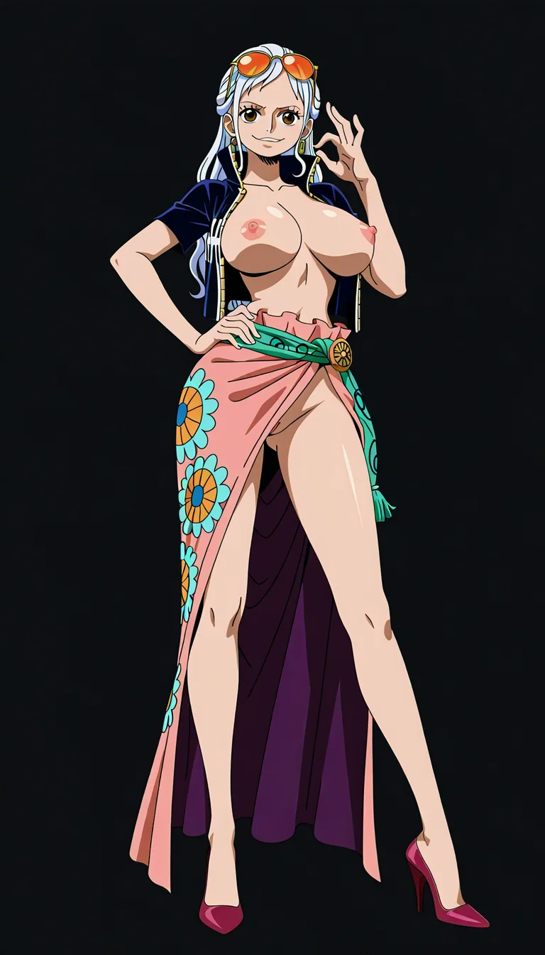 Robin from One Piece, Oda style, full_body, beautiful warm smile, gentle expression, standing, sexy pose, one hand on hip, facing camera, black background, a long coral-pink/salmon wrap skirt or sarong tied around her waist with a decorative green and yellow floral patterns along one side and a fringed/tassel-like hem and a massive front slit revealing her naked pussy, a fitted dark-blue short-sleeved jacket completely open with a high collar and the sleeves slightly rolled at the edges, big breasts and nipples exposed, pussy exposed, Red-coral high-heeled pumps with pointed toes, orange tinted sunglasses on top of head, (anime style:1.3), 2d, anime screencap, cel shading, flat color, @00osamio00