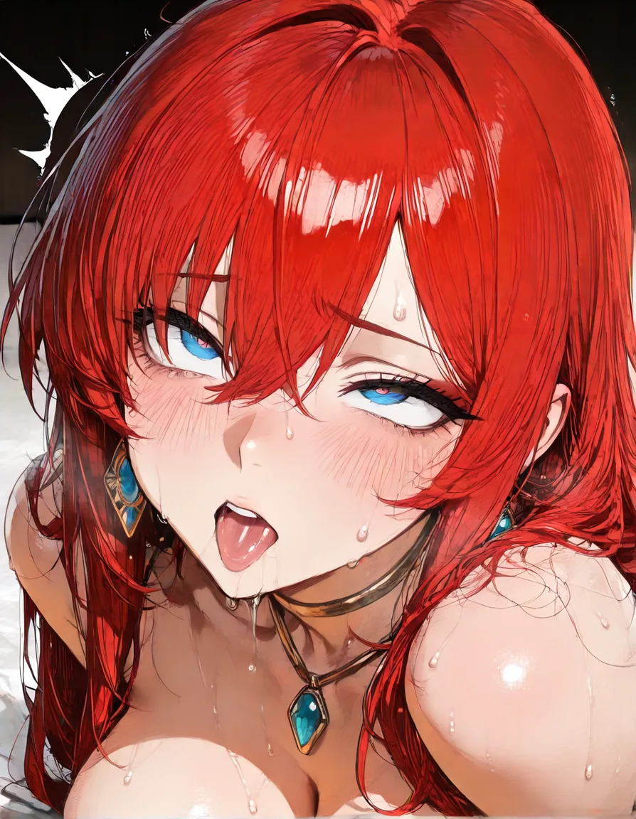 masterpiece, fine detail, redhead woman, jewelry, ahegao, relaxed mood, manga panel look, hentai_studio_quality