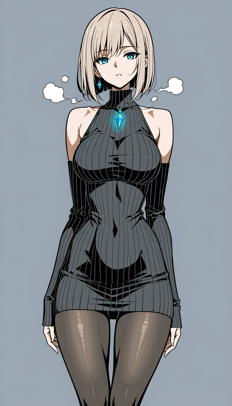 a breathtaking 18-year-old anime woman possessing a serene, high-fashion elegance, captured in a moment of quiet, atmospheric intensity. She has a perfectly sculpted hourglass silhouette, characterized by a delicate waist that flows into soft, feminine hips and long, toned legs with a natural, alluring fullness in the thighs. Her complexion is a luminous, porcelain pale, accented by a soft, ruby flush across her cheeks, which complements her striking, crystalline blue eyes and a chic, apricot-colored short bob that frames her face with precision. She is dressed in a sophisticated black knitted shoulderless turtleneck mini dress that clings to her curves with a luxurious weight; however, the fabric across her jiggly soft ample bust is completely saturated and soaked, creating a heavy, wet texture that emphasizes the shape of her chest without losing its refined appeal. Matching detached sleeves wrap around her arms, leaving her shoulders bare and glowing under a meticulously crafted lighting setup that casts a high-gloss sheen across her skin and the curves of her body. The focal point of her lower half is a pair of perfect light-brown sheer tights, rendered with an almost tactile realism; the granular texture of the nylon fibers is vividly visible, creating a sophisticated depth and a subtle, attractive shimmer that catches the light. She exudes a calm, feminine grace—an effortless blend of poise and subtle vulnerability—standing as a masterpiece of elegant beauty where every detail, from the dampness of the knit to the weave of the hosiery, feels tangibly real. Smiles elegantly, jiggles her breasts while breathing