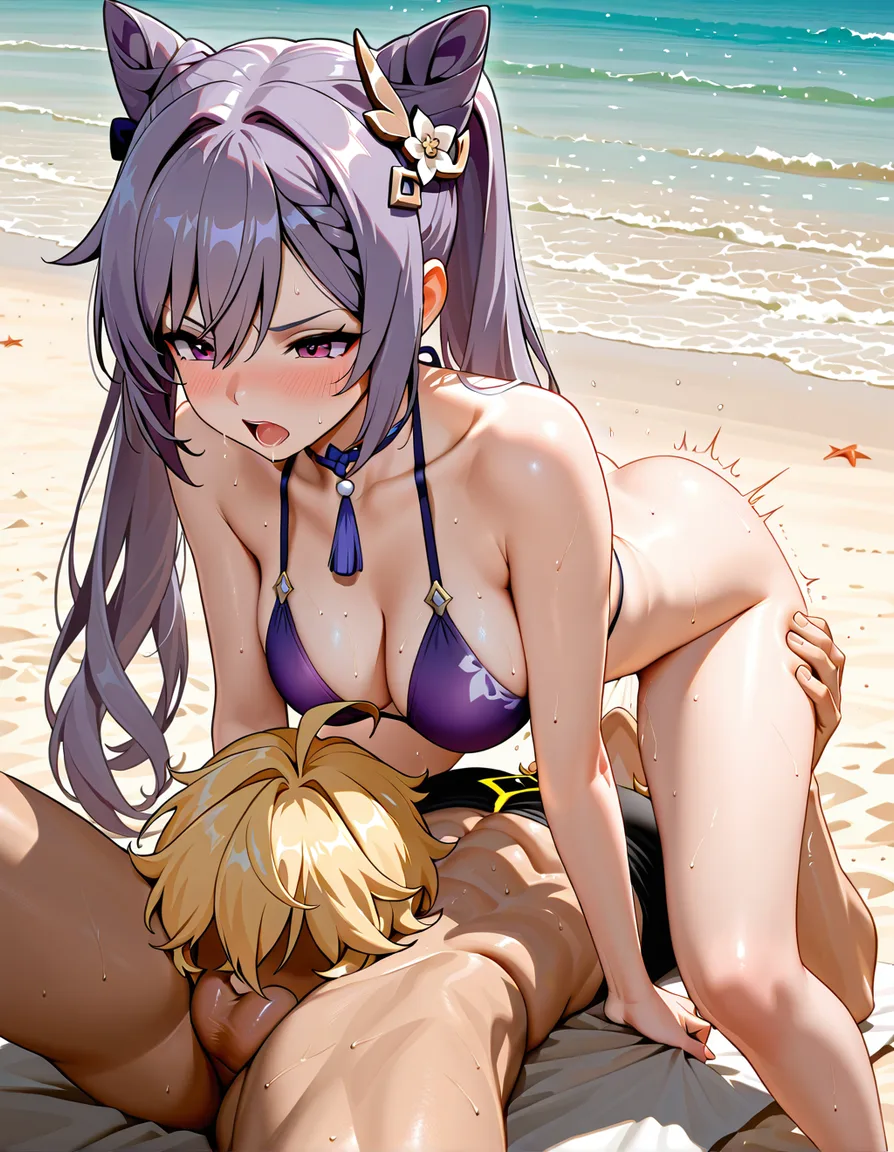 keqing, bent_over , no_panties , bottomless ,bikini ,beach, moaning, cunnilingus , 1boy, 1girl, blush, aether, hentai_studio_quality