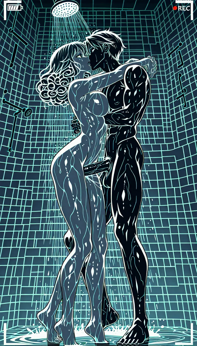 SCENE 1
VISUAL:
FADE IN from black.
CAMERA ANGLE:
Dramatic low-angle, full-body shot. We look up at the couple, making them appear heroic and imposing. The background is a sleek, modern shower stall with minimalist tiles.
ACTION:
The scene is frozen in a classic comic book pose for a split second, then "un-freezes" into subtle motion.
Lighting: Soft, ambient light floods the space, highlighting the water droplets.
Water: Hyper-realistic water droplets cling to their skin, glistening with a high-shine render. They slowly trickle down their bodies, catching the light.
The Couple: A handsome Black man with chiseled features and a stunning woman with a sun-kissed tan and voluminous, cascading curly hair. They are standing naked in the shower.
AUDIO:
SFX: A low, rhythmic hum of ambient light (subtle electric buzz) mixed with the soft, distant sound of running water.
Music: A deep, bass-heavy, sensual beat begins to swell.
SCENE 2
VISUAL:
CAMERA ZOOMS IN slightly, focusing on their upper bodies and faces.
ACTION:
The Kiss: Their mouths are locked in an intense kiss. The camera focuses on their lips parting slightly, revealing a subtle hint of their tongues touching. The movement is slow, deliberate, and passionate.
Body Contact: The woman’s breasts are pressed firmly against the man’s chest. As she shifts slightly, we see the realistic physical deformation and weight of the pressure. The skin compresses naturally against his chest.
AUDIO:
SFX: A soft, wet click or sigh as their lips part and reconnect.
Music: The beat drops, becoming more intimate and slower.
SCENE 3
VISUAL:
CAMERA PANS DOWN slightly to focus on their lower torsos and hands.
ACTION:
The Hand: The woman’s hand is sensually cupping the man’s penis. The depiction is precise, anatomically accurate, with no visual distortion. The skin stretches naturally under her grip.
Ink Lines: Bold, definitive ink lines frame their bodies, emphasizing their musculature and curves. The colors are vibrant and saturated—deep skin tones, bright water highlights, and stark black ink lines.
AUDIO:
SFX: The sound of water droplets hitting the shower floor: drip... drip... drip...
Music: A soft, melodic synth line joins the bass, adding a dreamy, romantic texture.
SCENE 4
VISUAL:
CAMERA PULLS BACK to the original dramatic low-angle full-body shot.
ACTION:
The couple remains locked in the embrace. The water continues to glisten on their skin. The bold comic book style is fully realized—high-contrast shading emphasizes their form and depth. The image feels like a living comic book panel.
AUDIO:
SFX: The running water swells slightly, then fades.
Music: The music fades out slowly, leaving only the sound of water.
FADE TO BLACK.
TEXT ON SCREEN (Optional):
(In bold, comic-style font)
"Passion. Precision. Art."
NOTES FOR ANIMATION:
Water: Use a particle system for the water droplets, ensuring they have a hyper-realistic sheen and cling to the skin realistically.
Skin: Ensure the skin texture has a subtle glow, reflecting the ambient light.
Deformation: The breast compression and hand grip should show realistic physics—skin stretching and compressing naturally.
Style: Maintain the bold ink lines throughout, perhaps adding slight "halftone" patterns in the shadows to reinforce the comic book aesthetic.