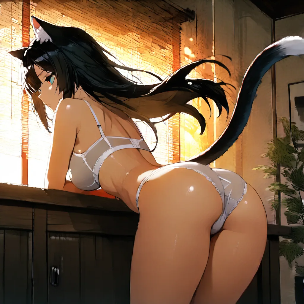 highly detailed, natural lighting, catgirl, floating hair, panties, stripping, lifelike render
