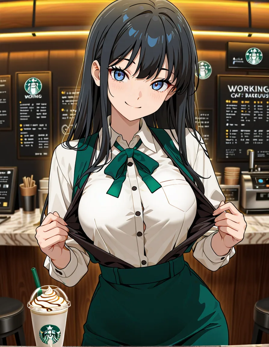 masterpiece, fine detail, 1girl, cute asian Girl, working in a Café like Starbucks, Long black hair, clothed, detailed shading, smile, undressing her outfit in the cafe, vivid anime colors, hentai_studio_quality
