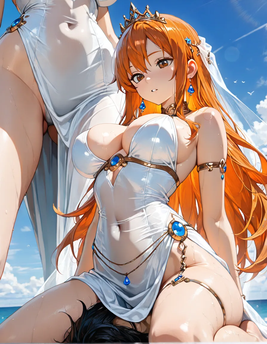 Nami ultra detailed shading, princess, covered navel, cocktail dress, facesitting, blue sky, soft cel shading, hentai_studio_quality